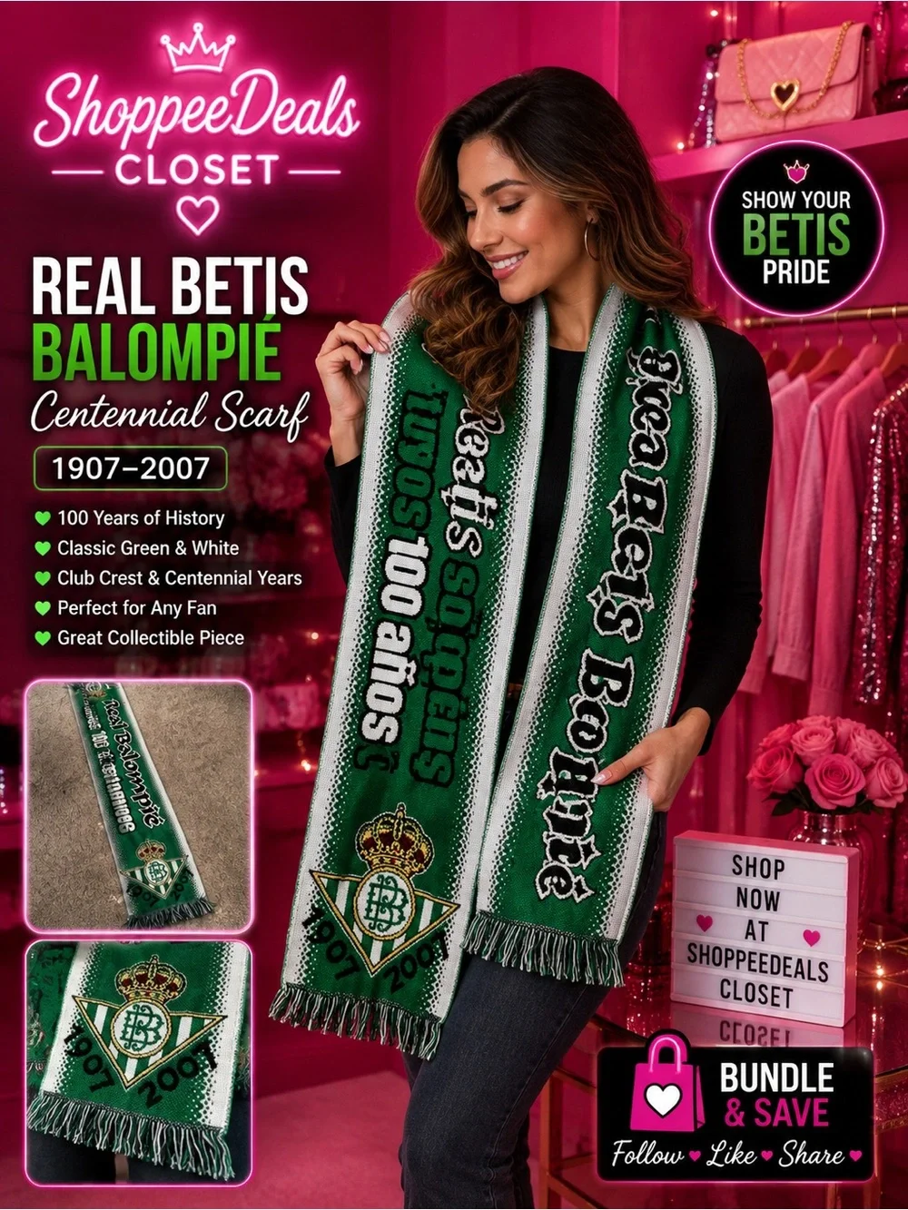 Real Betis Balompié 1907–2007 Centennial Soccer Football Scarf Green White